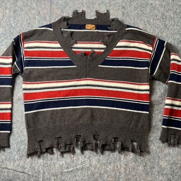 POL Distressed Dropped Shoulder V-Neck Striped Sweater  Grey Red Blue S #123 - Picture 1 of 7